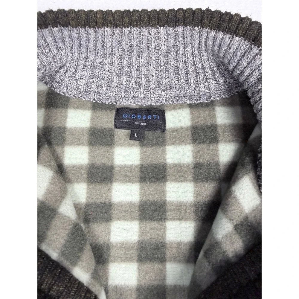 Gioberti Mens Full Zip Fleece Lined Cardigan Sweater Olive Green Windowpane L